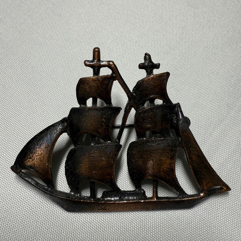 Vintage Brass Sailing Ship Brooch Nautical Mid Century Modern Maritime Pin